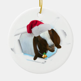 Merry Country Christmas Goat With Santa Hat & Bell Ceramic Tree Decoration