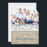 Merry Country Christmas Rustic Burlap Photo Card<br><div class="desc">Casual and elegantly rustic, this beige burlap effect background with stylish white and blue typography sets the stage for a lovely country holiday photo greeting card. With coordinating blue stitching below the photo and featured on a tag shaped flat card, add a fun ribbon through the hole to create a...</div>