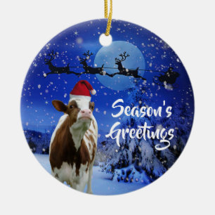 Merry Cowristmas Santa Cow Holiday Ceramic Tree Decoration