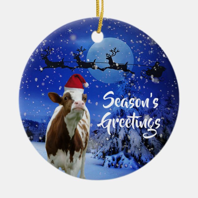Merry Cowristmas Santa Cow Holiday Ceramic Tree Decoration (Front)