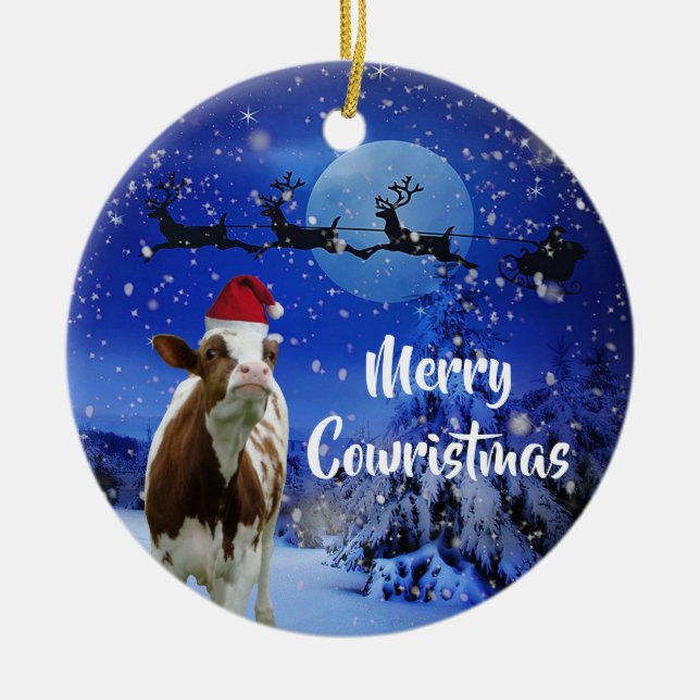Merry Cowristmas Santa Cow Holiday Ceramic Tree Decoration (Front)