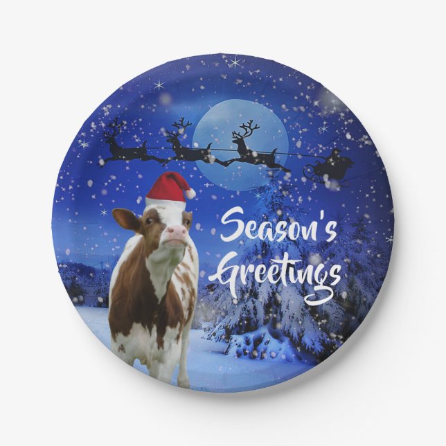 Merry Cowristmas Santa Cow Holiday Paper Plate (Front)