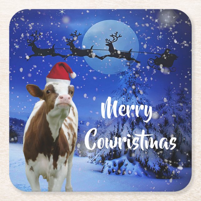 Merry Cowristmas Santa Cow Holiday Square Paper Coaster (Front)