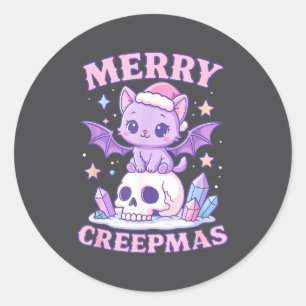 Merry Creepmas Cat Pastel Goth Christmas Skull  Classic Round Sticker