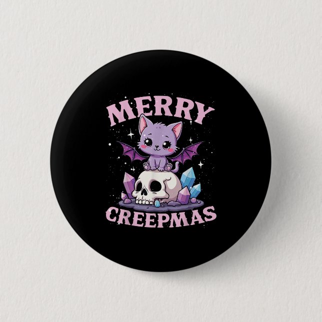 Merry Creepmas Cat Pastel Goth Christmas Skull For 6 Cm Round Badge (Front)
