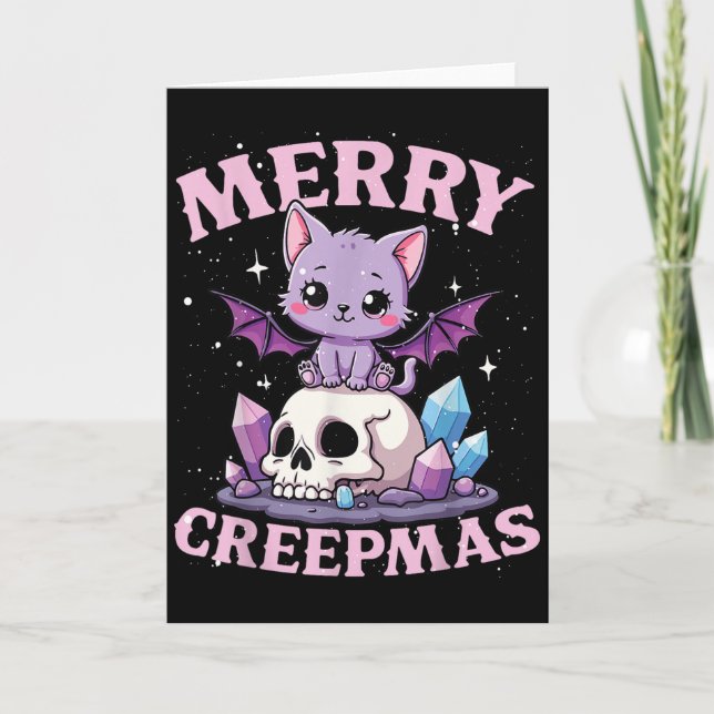 Merry Creepmas Cat Pastel Goth Christmas Skull For Card (Front)