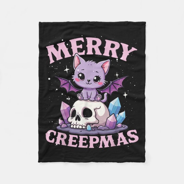Merry Creepmas Cat Pastel Goth Christmas Skull For Fleece Blanket (Front)
