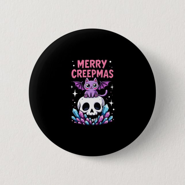 Merry Creepmas Cat Pastel Goth Christmas Skull T-S 6 Cm Round Badge (Front)