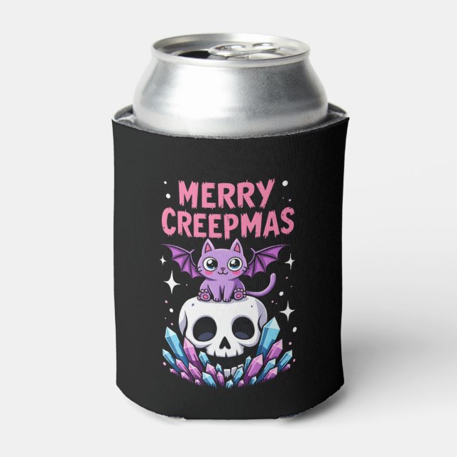 Merry Creepmas Cat Pastel Goth Christmas Skull T-S Can Cooler (Can Front)