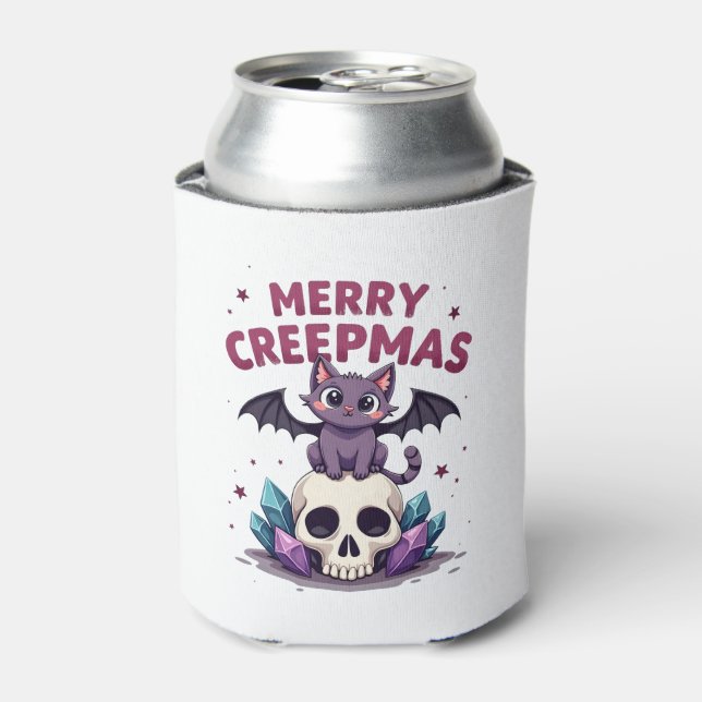 Merry Creepmas Cat Pastel Goth Christmas Skull T-S Can Cooler (Can Front)