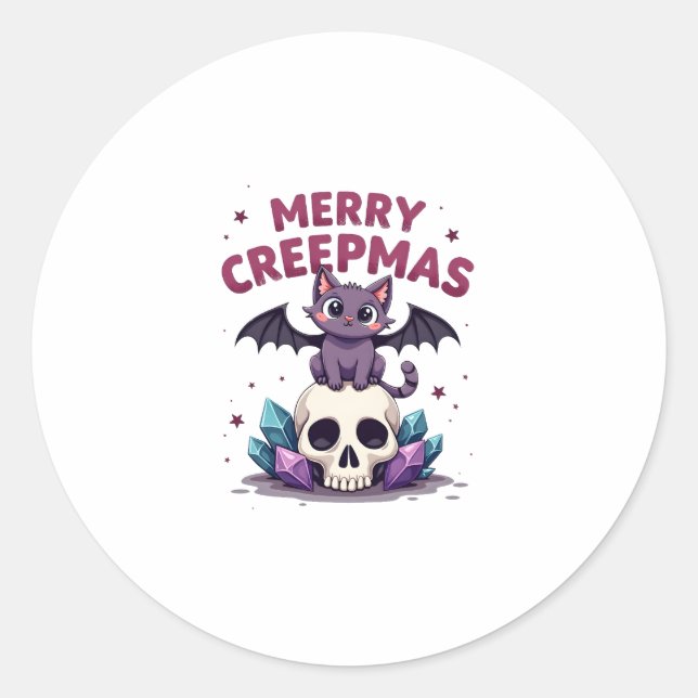Merry Creepmas Cat Pastel Goth Christmas Skull T-S Classic Round Sticker (Front)