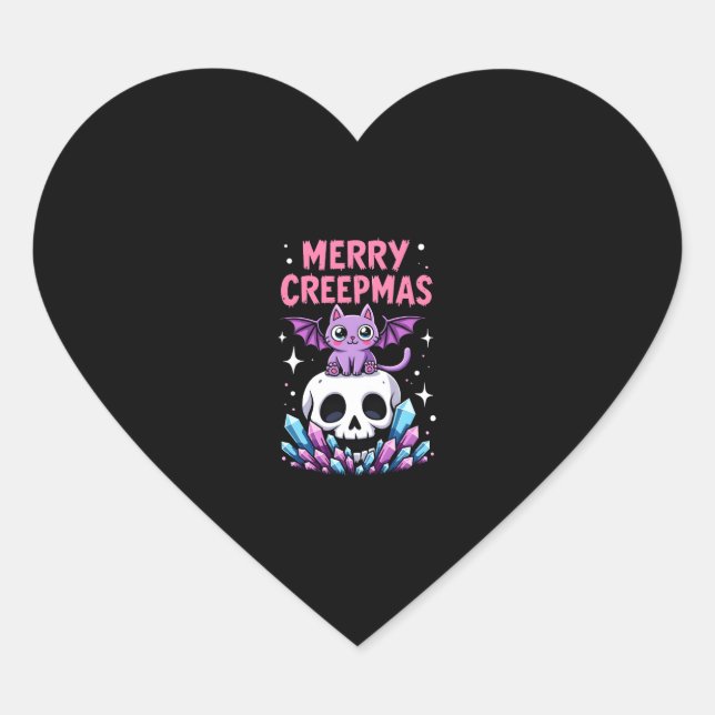 Merry Creepmas Cat Pastel Goth Christmas Skull T-S Heart Sticker (Front)