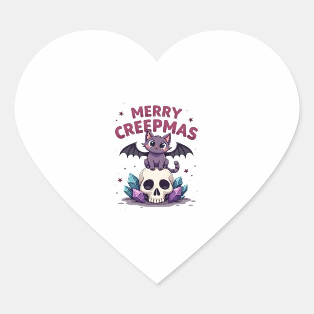 Merry Creepmas Cat Pastel Goth Christmas Skull T-S Heart Sticker (Front)