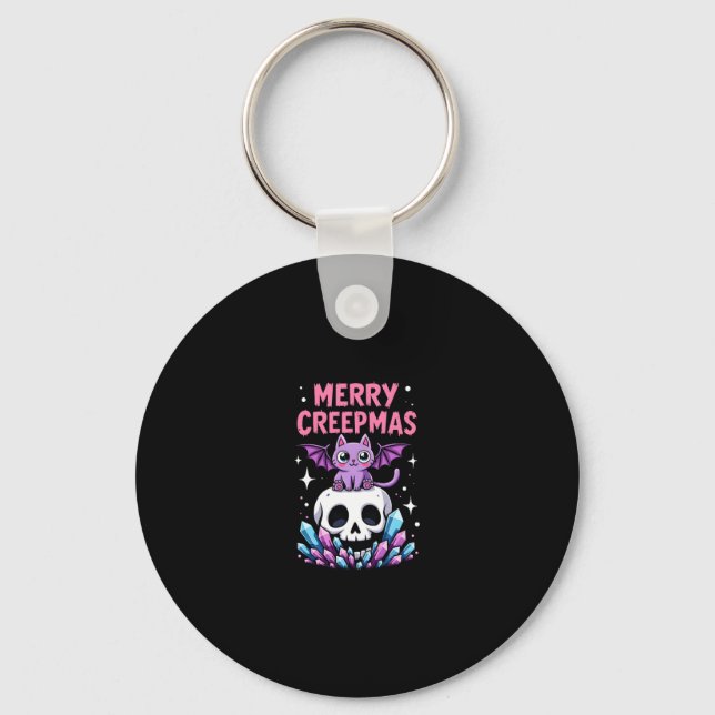 Merry Creepmas Cat Pastel Goth Christmas Skull T-S Key Ring (Front)