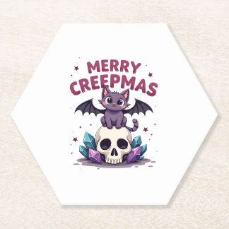 Merry Creepmas Cat Pastel Goth Christmas Skull T-S Paper Coaster