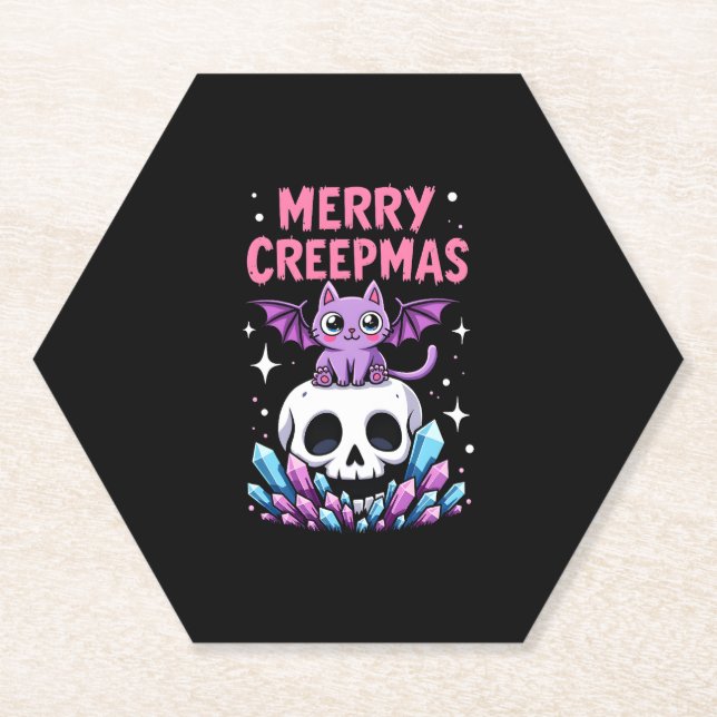Merry Creepmas Cat Pastel Goth Christmas Skull T-S Paper Coaster (Front)