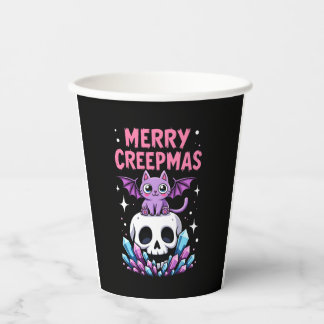 Merry Creepmas Cat Pastel Goth Christmas Skull T-S Paper Cups