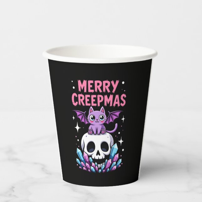 Merry Creepmas Cat Pastel Goth Christmas Skull T-S Paper Cups (Front)