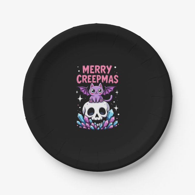 Merry Creepmas Cat Pastel Goth Christmas Skull T-S Paper Plate (Front)
