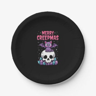 Merry Creepmas Cat Pastel Goth Christmas Skull T-S Paper Plate