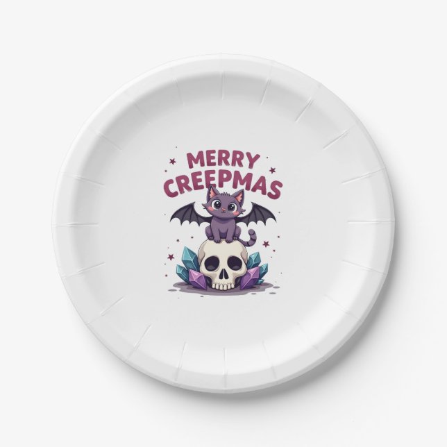 Merry Creepmas Cat Pastel Goth Christmas Skull T-S Paper Plate (Front)