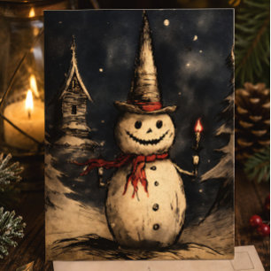 Merry Creepmas Creepy Snowman Vintage Gothic Holiday Card