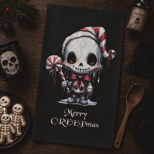 Merry Creepmas Cute Skeleton Gothic Christmas Tea Towel