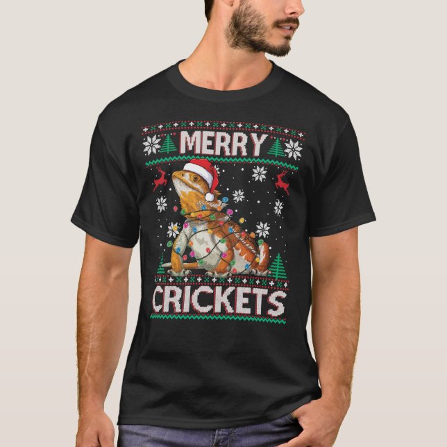 Merry Crickets Bearded Dragon Christmas Pajama Ugl T-Shirt (Front)