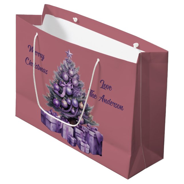Merry Cristmas purple Christmas tree Large Gift Bag (Front Angled)