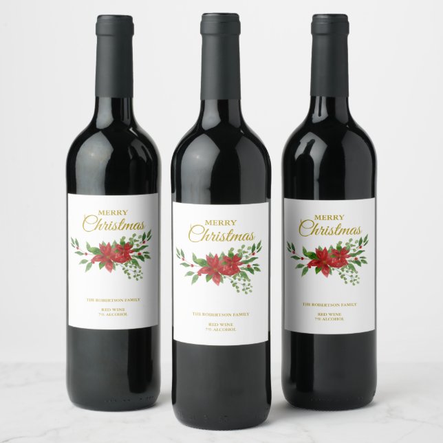 Merry Cristmas Quote with Poinsettias Wine Label (Bottles)