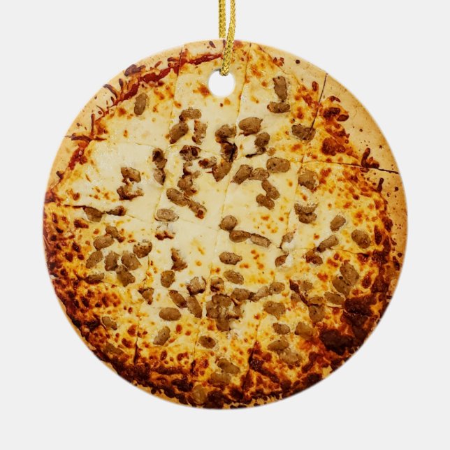 Merry Crustmas Funny Cheese and Sausage Pizza Ceramic Tree Decoration (Front)