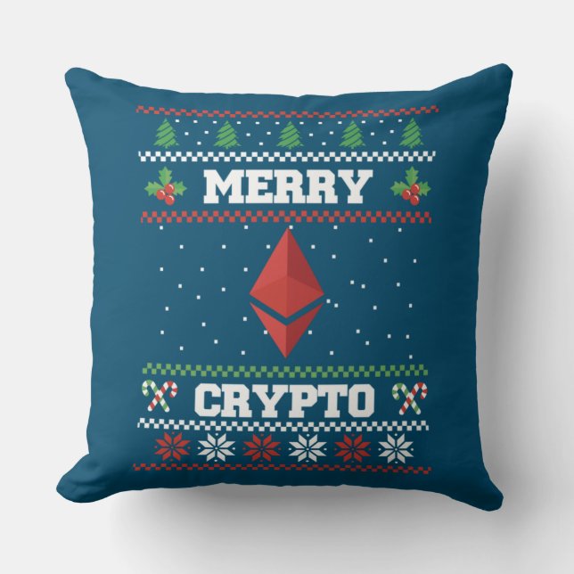Merry Crypto Ethereum Ugly Christmas Sweater Cushion (Front)