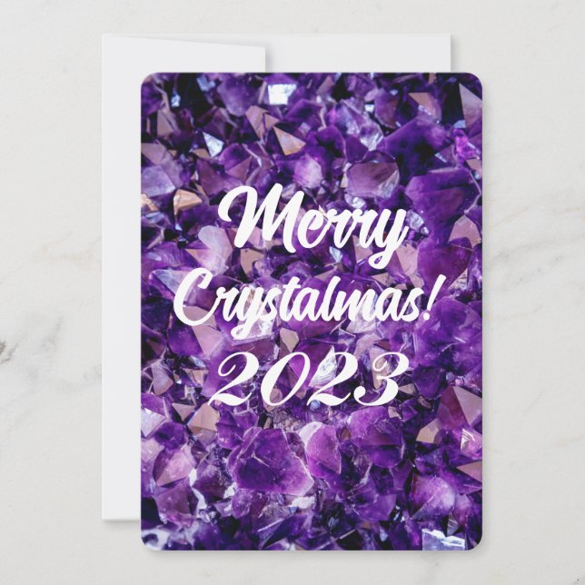 Merry Crystalmas 2023 Purple Amethyst Crystal Holiday Card (Front)