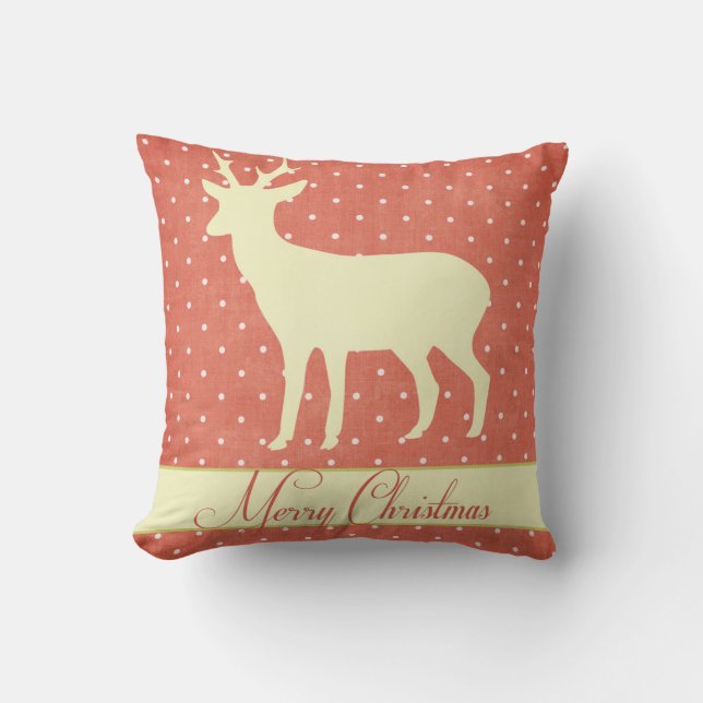 Merry Deer Pillow - Coral Polka Dots (Front)