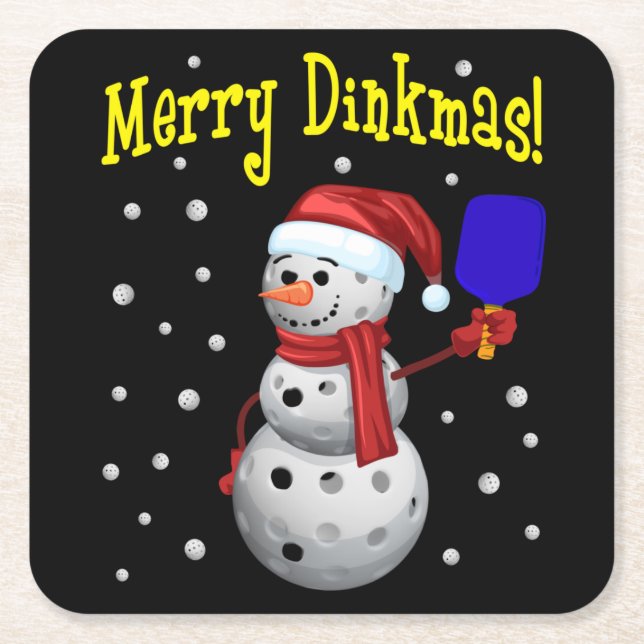 Merry Dinkmas - Pickleball Snowman Square Paper Coaster (Front)