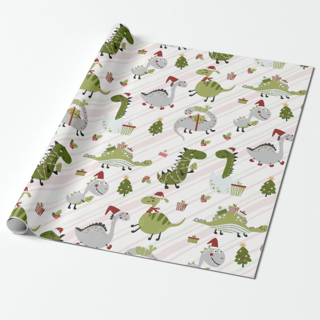 Merry Dino Christmas Wrapping Paper (Unrolled)