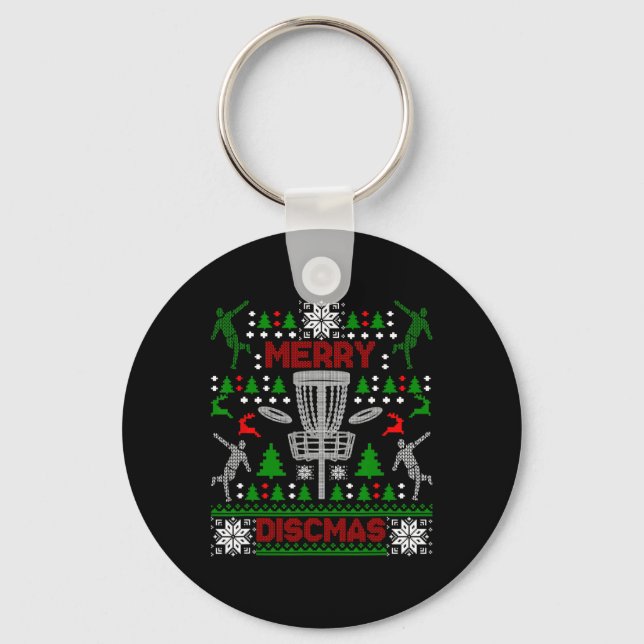 Merry Discmas Disc Golf Ugly Christmas Sweater Par Key Ring (Front)