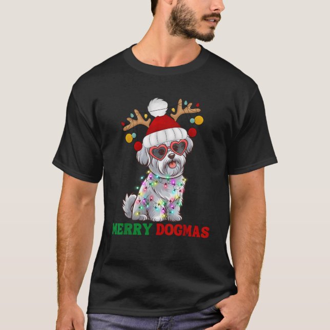 Merry Dogmas Funny Christmas Maltese Dog Santa Lig T-Shirt (Front)