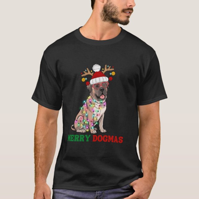 Merry Dogmas Mastiff Dog Funny Xmas Holiday Lights T-Shirt (Front)