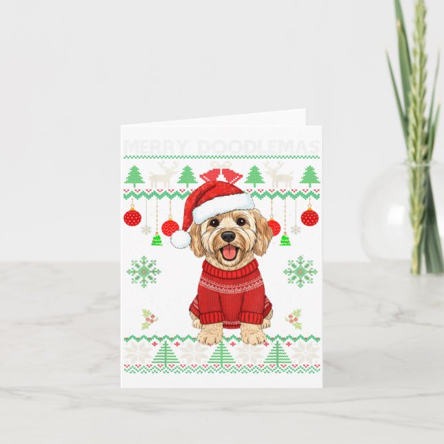Merry Doodlemas Goldendoodle Wearing Ugly Christma Card (Front)