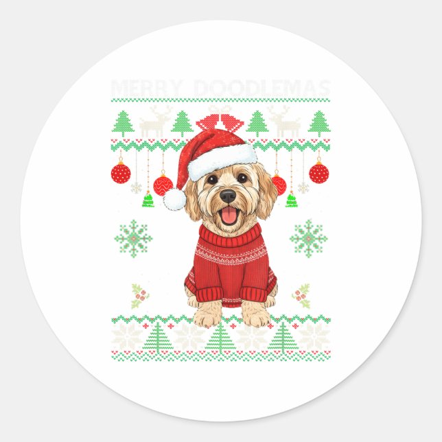 Merry Doodlemas Goldendoodle Wearing Ugly Christma Classic Round Sticker (Front)