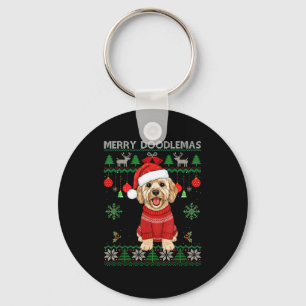 Merry Doodlemas Goldendoodle Wearing Ugly Christma Key Ring