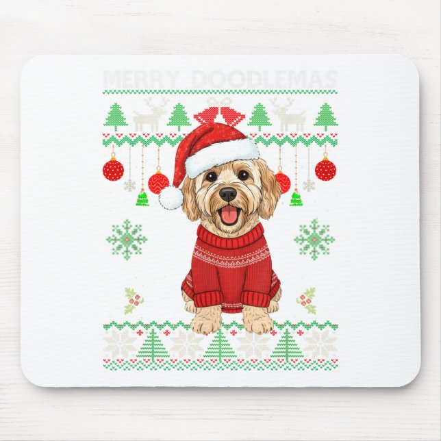 Merry Doodlemas Goldendoodle Wearing Ugly Christma Mouse Mat (Front)