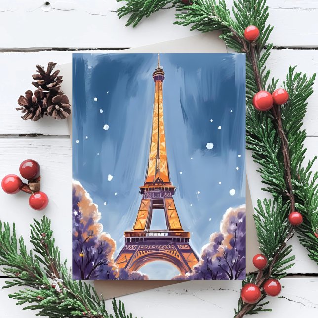 Merry Eiffel Tower | Paris Christmas Watercolor Holiday Card (Creator Uploaded)