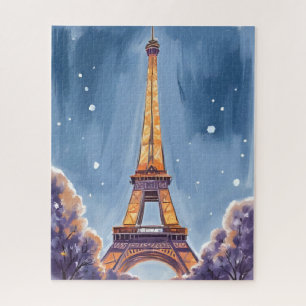 Merry Eiffel Tower Paris Christmas Watercolor Jigsaw Puzzle