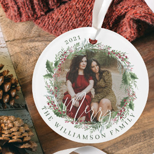 Merry Elegant Festive Watercolor Wreath Two Photo Ornament