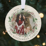 Merry Elegant Festive Watercolor Wreath Two Photo Ornament<br><div class="desc">Elegant and festive Christmas photo wreath ornament featuring our hand-painted watercolor greenery wreath. Customise with two photos,  one on each side of the ornament. The background features a light gold champagne stripe design. Personalise with two photos,  family signature,  and year.       Hand-drawn artwork by Moodthology Papery.</div>