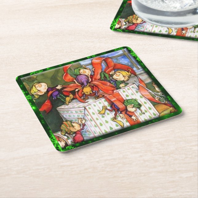 Merry Elves Wrapping Gift Pulp Board Sq Coasters (Angled)