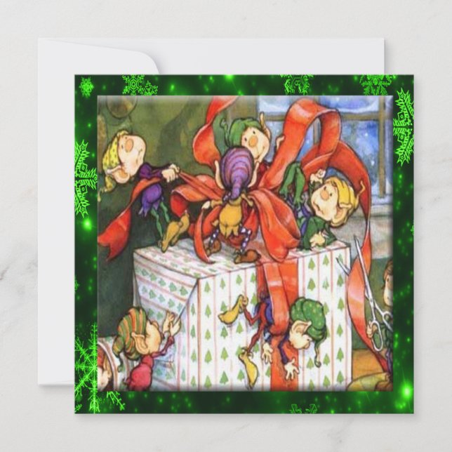 Merry Elves Wrapping Present Flat Card (Front)