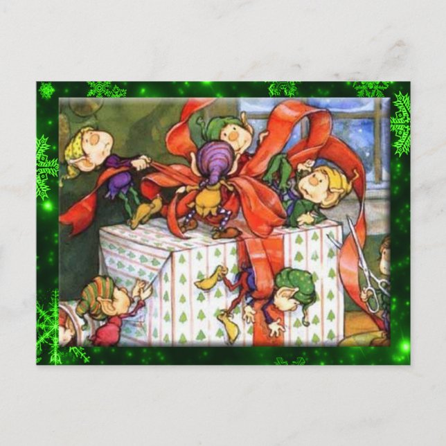 Merry Elves Wrapping Present Postcard (Front)